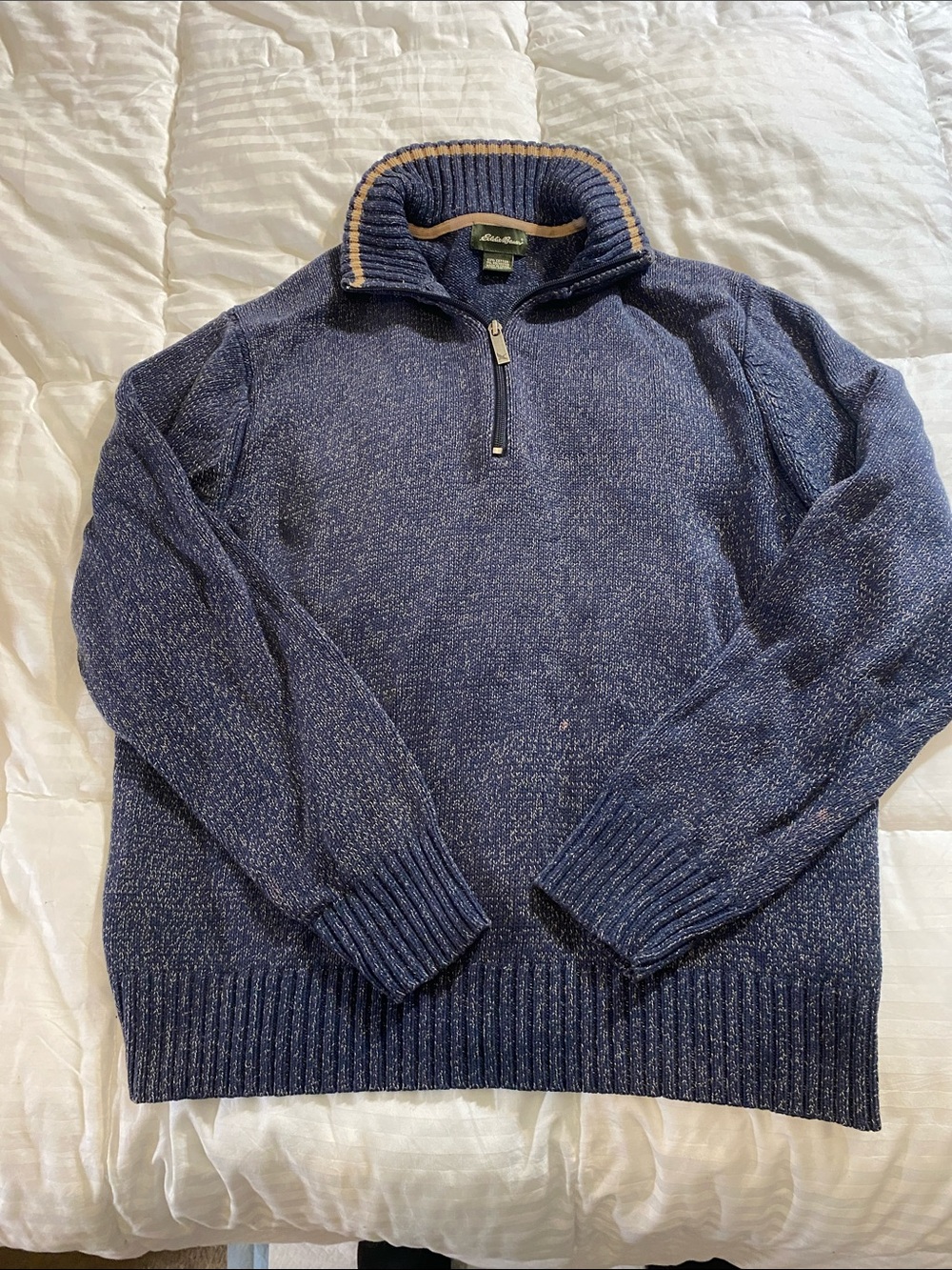 Eddie Bauer Navy and Tan Trim Half-Zip Sweater